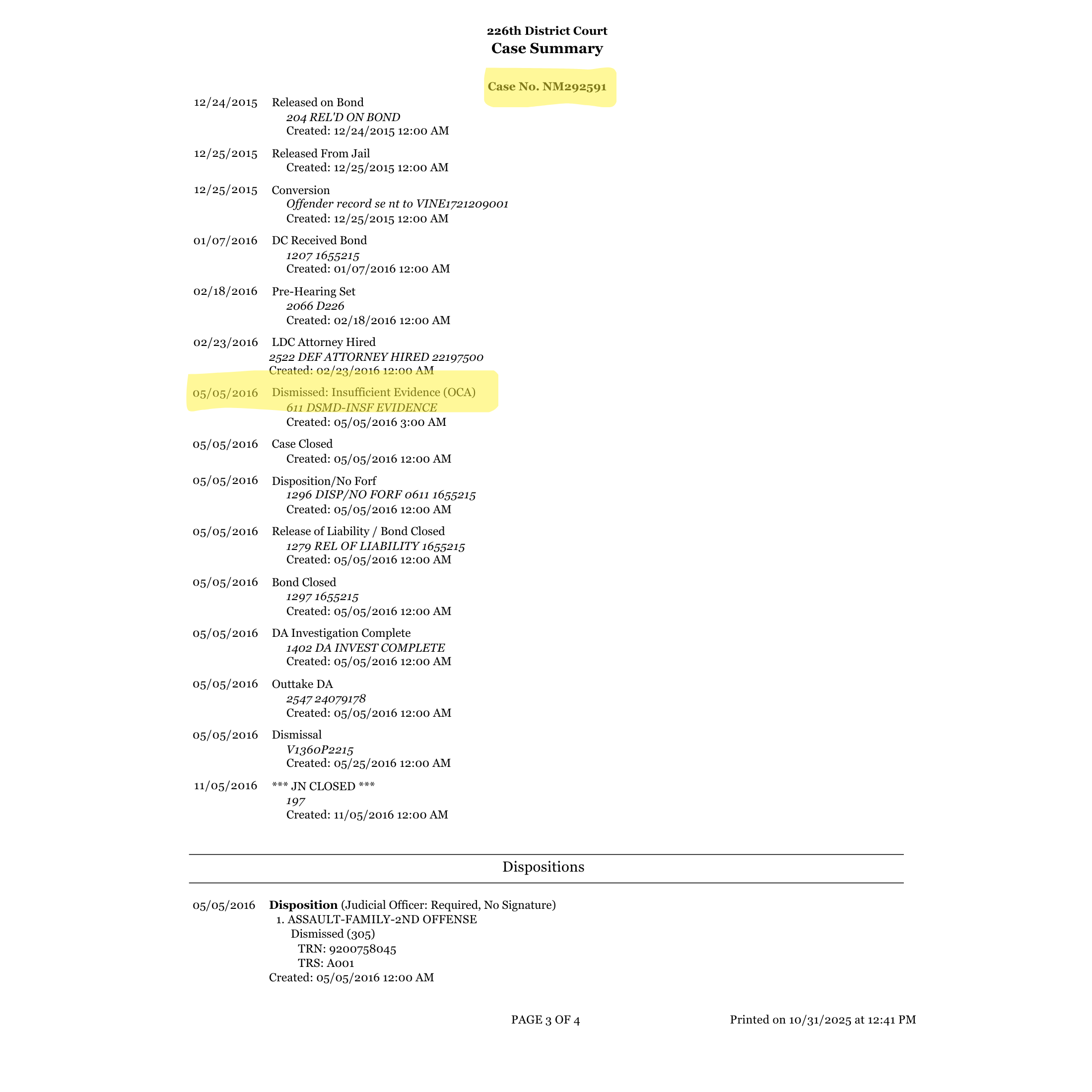 Case NM292591 DIsmissed